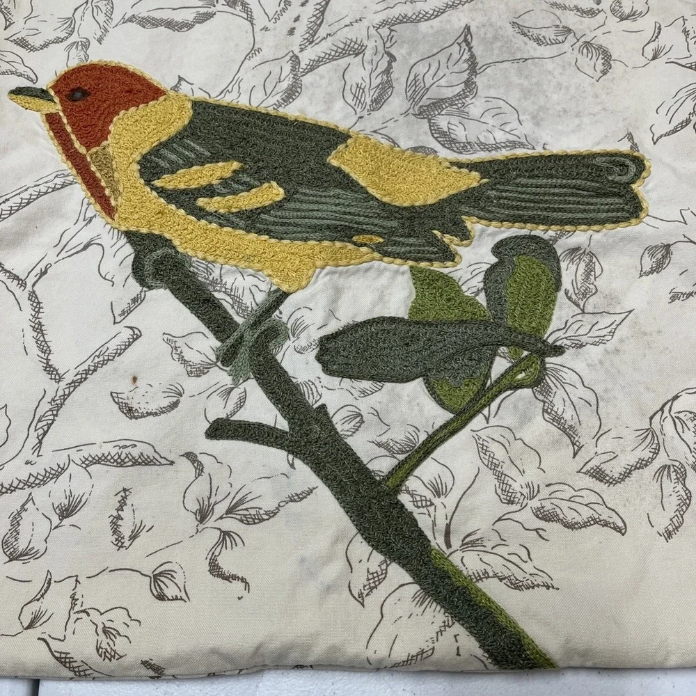 Pottery Barn Pillow Sham Embroidered Bird Ivory Botanical 18x18 Button Close